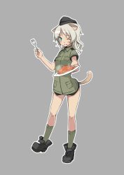 Rule 34 | 1girl, animal ears, bad id, bad pixiv id, blue eyes, food, fork, giuseppina ciuinni, grey background, grey hair, hat, long hair, military, military uniform, nacl, one eye closed, pasta, shokuen shiwe, simple background, smile, solo, spaghetti, strike witches, strike witches: suomus misfits squadron, tail, uniform, wink, world witches series