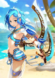 Rule 34 | 1girl, arm guards, armpits, bad id, bad pixiv id, bare shoulders, beach, blue eyes, blue hair, blue sky, breasts, dana (ys), day, dual wielding, falcom, from side, hairband, holding, holding weapon, long hair, looking at viewer, looking to the side, low twintails, navel, outdoors, palm tree, parted lips, revealing clothes, see-through, sky, small breasts, solo, standing, starfish, stomach, thigh strap, tree, twintails, weapon, white hairband, yoshitake, ys, ys viii lacrimosa of dana
