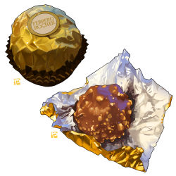 Rule 34 | candy, chocolate, close-up, commentary, english commentary, ferrero rocher, foil, food, food focus, no humans, real life, simple background, still life, studiolg, valentine, white background, wrapped candy, wrapper