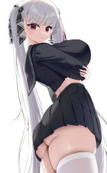 Rule 34 | 1girl, absurdres, arms under breasts, ass, azur lane, black serafuku, black shirt, black skirt, breasts, closed mouth, formidable (azur lane), formidable (the lover&#039;s heart flutters on duty) (azur lane), from side, grey hair, highres, large breasts, long hair, looking at viewer, looking to the side, nicorima, pleated skirt, pout, puff of air, red eyes, school uniform, serafuku, shirt, simple background, skindentation, skirt, solo, thighhighs, twintails, very long hair, white background, white thighhighs