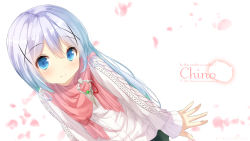 Rule 34 | 1girl, absurdres, aran sweater, black skirt, blue eyes, blush, cable knit, character name, chinomaron, closed mouth, copyright name, gochuumon wa usagi desu ka?, head tilt, highres, kafuu chino, long hair, long sleeves, looking at viewer, petals, pleated skirt, red scarf, scarf, silver hair, skirt, smile, solo, spring (season), sweater, tippy (gochiusa), twitter username, very long hair, white background, white sweater