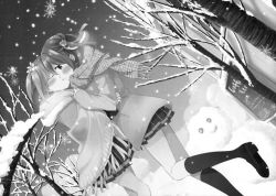Rule 34 | 2girls, blush, closed eyes, from side, greyscale, hair ornament, hairclip, kiss, looking at another, looking at viewer, monochrome, multiple girls, official art, outdoors, ribbon, sakura trick, scarf, short twintails, snow, sonoda yuu, takayama haruka, twintails, winter clothes, yuri