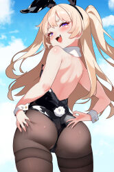Rule 34 | 1girl, :d, absurdres, alternate costume, animal ears, arms behind back, ass, ass grab, azur lane, bache (azur lane), back, backless leotard, bare shoulders, black leotard, blonde hair, blush, commentary, cowboy shot, curly hair, day, detached collar, english commentary, fang, from behind, grabbing own ass, hair between eyes, half-closed eyes, highres, hip focus, igarashi gozo, leotard, long hair, looking at viewer, looking back, ok sign, open mouth, outdoors, pantyhose, playboy bunny, purple eyes, rabbit ears, rabbit tail, smile, smug, solo, strapless, strapless leotard, tail, thighs, very long hair, wrist cuffs