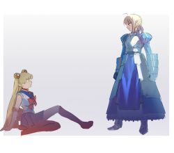 Rule 34 | 2girls, ahoge, are you my master, arm support, armor, armored boots, armored dress, artoria pendragon (all), artoria pendragon (fate), bishoujo senshi sailor moon, blonde hair, blue dress, blue ribbon, blue sailor collar, blue skirt, boots, border, bow, bowtie, braid, braided bun, choker, closed mouth, crossover, dress, elbow gloves, eye contact, fate/stay night, fate (series), forzen, from side, gauntlets, gloves, grey background, hair bun, hair ribbon, heart, heart choker, juliet sleeves, knee boots, long hair, long sleeves, looking at another, meme, multiple girls, parody, parted lips, pleated skirt, puffy sleeves, red choker, red footwear, red neckwear, ribbon, saber (fate), sailor collar, sailor moon, sailor moon redraw challenge (meme), school uniform, serafuku, serious, simple background, sitting, skirt, standing, tsukino usagi, twintails, white border, white gloves