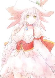 Rule 34 | 1girl, absurdres, breasts, choker, cleavage, commentary request, corset, cowboy shot, detached sleeves, dress, frilled dress, frilled sleeves, frills, gem, green eyes, grin, highres, long hair, looking at viewer, manoji, medium breasts, official alternate costume, pink headwear, ragnarok online, simple background, sleeveless, sleeveless dress, smile, solo, wanderer (ragnarok online), white background, white dress, white hair, white sleeves, wide sleeves