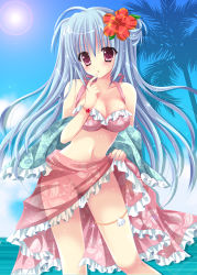 Rule 34 | 1girl, :o, ahoge, bare shoulders, beach, bikini, bikini top only, blue hair, blush, bottomless, bracelet, breasts, cleavage, clothes lift, cloud, collarbone, day, finger to mouth, floral print, flower, frills, hair flower, hair ornament, hand up, hibiscus, highres, jewelry, kirishima riona, leaning forward, lens flare, lifted by self, long hair, looking at viewer, medium breasts, navel, no panties, ocean, original, outdoors, palm tree, parted lips, pink bikini, pink eyes, sarong, sarong lift, seashell, see-through, shawl, shell, sky, solo, sparkle, sun, swimsuit, tree, very long hair