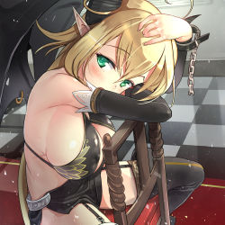 Rule 34 | 1girl, ahoge, bikini, bikini top only, black bikini, black footwear, black thighhighs, blonde hair, blush, boots, breasts, checkered floor, cleavage, demon wings, detached sleeves, female focus, garter straps, green eyes, hair ornament, hand on own head, highres, horns, huge breasts, large breasts, open mouth, original, pointy ears, sideboob, sitting, skirt, solo, spread legs, swimsuit, thigh boots, thighhighs, wings, yamacchi