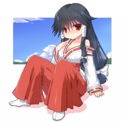 Rule 34 | 1girl, arm support, bandages, black hair, blue sky, blush, bow, breasts, cleavage, closed mouth, cloud, collarbone, commentary request, detached sleeves, hair bow, hair ornament, hair ribbon, hair tubes, hakama, hakama skirt, hand up, index finger raised, japanese clothes, kimono, knees up, long hair, long sleeves, looking at viewer, low-tied long hair, machi (nagasarete airantou), medium breasts, miko, nagasarete airantou, nose blush, off shoulder, pointing, pointing at self, raised eyebrows, red eyes, red hakama, ribbon, sidelocks, single bare shoulder, sitting, skirt, sky, smile, solo, stairs, tabi, two-tone background, very long hair, white background, white bow, white kimono, white ribbon, you naka