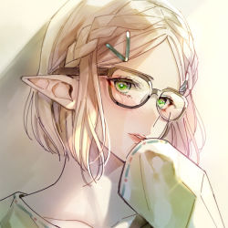 Rule 34 | 1girl, alternate costume, bespectacled, blonde hair, blush, braid, bright pupils, close-up, collarbone, commentary request, eye focus, glasses, green eyes, green shirt, hair ornament, hairclip, hand on own face, indoors, long pointy ears, long sleeves, looking at viewer, nintendo, pointy ears, portrait, princess zelda, shirt, short hair, side braids, sleeves past wrists, solo, the legend of zelda, the legend of zelda: breath of the wild, the legend of zelda: tears of the kingdom, yuina0099