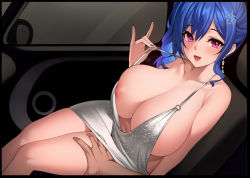 Rule 34 | 1girl, :d, azur lane, backless dress, backless outfit, bare shoulders, blue hair, blue nails, breasts, car, car interior, cleavage, dress, earrings, evening gown, grey dress, grimgrim, hair between eyes, hair ornament, hairclip, halter dress, halterneck, highres, huge breasts, jewelry, looking at viewer, motor vehicle, nail polish, nipple slip, nipples, open mouth, pink eyes, plunging neckline, revealing clothes, side ponytail, sidelocks, silver dress, sitting, smile, st. louis (azur lane), st. louis (luxurious wheels) (azur lane), strap pull, thigh grab, thighs