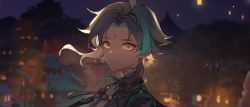Rule 34 | 1boy, amenohi, bead necklace, beads, black hair, blurry, blurry background, building, close-up, facial mark, forehead mark, from side, genshin impact, green hair, highres, jewelry, lantern, long hair, looking at viewer, male focus, multicolored hair, necklace, night, outdoors, parted bangs, slit pupils, solo, tassel, xiao (genshin impact), yellow eyes
