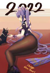 Rule 34 | 1girl, 2022, ?, absurdres, animal ear fluff, animal ears, ass, back, bad id, bad pixiv id, bare shoulders, beads, black bow, black cat, black dress, blue dress, blush, bow, breasts, brown pantyhose, cat, cleavage, commentary request, detached collar, double bun, dress, fake animal ears, genshin impact, grin, hair bun, hair ornament, happy, happy new year, high heels, highres, keqing (genshin impact), keqing (opulent splendor) (genshin impact), looking at animal, looking at viewer, lying, multicolored clothes, multicolored dress, new year, official alternate costume, on side, oro (lsg0624), pantyhose, purple bow, purple footwear, purple ribbon, ribbon, sleeveless, sleeveless dress, smile, solo, teeth, twintails, two side up, wrist cuffs, yellow eyes