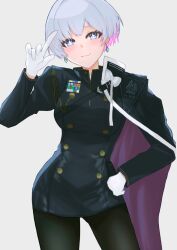 Rule 34 | + +, 1girl, :3, black cape, black dress, black pantyhose, blue eyes, blush, breasts, cape, colored inner hair, cowboy shot, dress, earrings, gloves, goddess of victory: nikke, hand on own hip, highres, jewelry, liliweiss (nikke), looking at viewer, medium breasts, military uniform, multicolored hair, nazmoi oohashi, pantyhose, pink hair, purple cape, short hair, solo, star-shaped pupils, star (symbol), symbol-shaped pupils, two-tone cape, uniform, white gloves, white hair