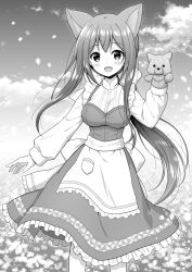 Rule 34 | 1girl, :d, animal ears, apron, blush, breasts, cloud, commentary request, copyright request, day, dress, field, flower, flower field, frilled apron, frilled dress, frills, greyscale, hair between eyes, hand puppet, highres, long hair, long sleeves, looking at viewer, medium breasts, monochrome, nakamura hinato, open mouth, outdoors, petals, puffy long sleeves, puffy sleeves, puppet, sidelocks, sky, sleeveless, sleeveless dress, smile, solo, standing, very long hair, waist apron, wolf ears