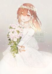 Rule 34 | 1girl, bouquet, cowboy shot, dress, earrings, flower, flower wreath, highres, holding, holding bouquet, jewelry, kame (unaikodori), long sleeves, looking at viewer, mole, mole under mouth, open mouth, red eyes, red hair, smile, solo, standing, tachibana hinata (tokyo revengers), tokyo revengers, wedding dress, white background, white dress
