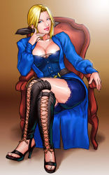 Rule 34 | 1girl, blonde hair, blue eyes, boots, bow, breasts, head rest, cleavage, cross-laced footwear, dead or alive, dead or alive 5, hair bow, helena douglas, high heels, highres, knee boots, lace-up boots, large breasts, crossed legs, lips, long hair, nose, open shoes, revision, shoes, shorts under skirt, sitting, solo, take (draghignazzo), tecmo