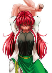 Rule 34 | 1girl, alternate costume, arm up, arms behind head, arms up, black shirt, blouse, braid, breasts, closed eyes, closed mouth, female focus, hong meiling, koyubi (littlefinger1988), large breasts, open clothes, open shirt, pants, puffy short sleeves, puffy sleeves, red hair, shirt, short sleeves, simple background, skirt, skirt set, solo, stretching, touhou, twin braids, wavy mouth, white pants, white shirt