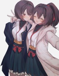 Rule 34 | 2girls, ^ ^, black coat, blush, brown eyes, brown hair, closed eyes, coat, cowboy shot, frilled skirt, frills, green skirt, hair between eyes, hair ribbon, highres, hyuuga (kancolle), ise (kancolle), japanese clothes, kantai collection, kazeshio, long sleeves, looking at another, multiple girls, nontraditional miko, open mouth, ponytail, revision, ribbon, short hair, simple background, skirt, v, white background, white coat