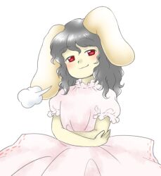 Rule 34 | 1girl, animal ears, closed mouth, crossed arms, dress, flat chest, floppy ears, grey hair, head tilt, inaba tewi, medium hair, nonamejd, official style, pink dress, puff of air, puffy short sleeves, puffy sleeves, rabbit ears, rabbit girl, red eyes, short sleeves, simple background, smile, smug, solo, touhou, white background, zun (style)