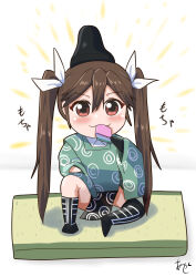 Rule 34 | 1girl, akashieru, alternate costume, artist logo, black footwear, brown eyes, brown hair, chibi, hair ribbon, hat, highres, hishimochi, japanese clothes, kantai collection, long hair, mouth hold, one-hour drawing challenge, pelvic curtain, ribbon, solo, tone (kancolle), twintails, white ribbon