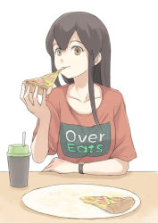 Rule 34 | 1girl, akagi (kancolle), alternate costume, brand name imitation, breasts, brown eyes, brown hair, cheese trail, clothes writing, cup, drinking straw, eating, food, highres, holding, holding food, kantai collection, long hair, parody, pizza, pizza slice, plate, red shirt, shirt, short sleeves, simple background, small breasts, solo, t-shirt, taruya, uber eats, upper body, watch, white background, wristwatch