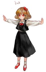 Rule 34 | 1girl, ascot, black skirt, black vest, blonde hair, carbonara hontyotyo, character name, closed mouth, collared shirt, full body, hair ornament, hair ribbon, long sleeves, looking away, mary janes, outstretched arms, red ascot, red eyes, red footwear, red ribbon, ribbon, rumia, shirt, shoes, short hair, simple background, skirt, skirt set, sleeve cuffs, smile, socks, solo, spread arms, standing, tareme, touhou, vest, white background, white shirt, white socks, wing collar