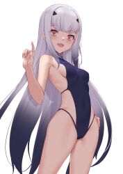 Rule 34 | 1girl, :d, absurdres, bare arms, bare shoulders, black one-piece swimsuit, breasts, brown eyes, commentary request, covered navel, melusine (fate), fangs, fate/grand order, fate (series), grey hair, hair ornament, hairclip, hand up, highres, jilu, long hair, looking at viewer, medium breasts, one-piece swimsuit, open mouth, simple background, smile, solo, standing, swimsuit, teeth, upper teeth only, very long hair, white background