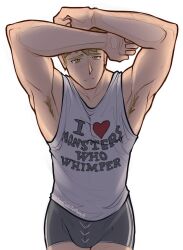 1boy against_glass armpit_hair armpits bara blonde_hair blush bulge clothes_writing dungeon_meshi furrowed_brow hand_on_glass heart heart_print highres laios_touden large_pectorals looking_at_viewer male_focus muscular muscular_male pectorals short_hair short_shorts shorts sidepec simple_background solo tank_top tears toocutetopunch white_tank_top