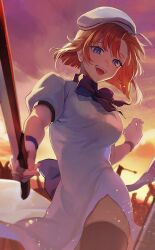 Rule 34 | 1girl, back bow, beret, black thighhighs, blue eyes, blurry, blurry background, bow, bowtie, breasts, cowboy shot, depth of field, dress, gradient sky, hand up, hashitsuki nata, hat, highres, higurashi no naku koro ni, holding, holding weapon, lavo, light particles, looking at viewer, medium breasts, nata (tool), open mouth, orange hair, orange sky, puffy short sleeves, puffy sleeves, purple bow, purple bowtie, purple sky, purple wristband, ryuuguu rena, short hair, short sleeves, sky, smile, solo, sunset, teeth, thighhighs, upper teeth only, weapon, white dress, white hat, wristband, zettai ryouiki