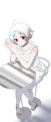 Rule 34 | 1girl, absurdres, ahoge, chair, closed mouth, elf, hands up, highres, looking at viewer, mushoku tensei, pants, pointy ears, red eyes, sandals, short hair, sitting, sleeveless, sleeveless turtleneck, smile, solo, sweater, sylphiette (mushoku tensei), table, timushokutensei, turtleneck, turtleneck sweater, white background, white hair, white pants, white sweater