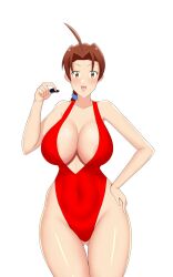 Rule 34 | 1girl, alternate breast size, bare legs, breasts, brown eyes, brown hair, cleavage, covered navel, creatures (company), curvy, delia ketchum, game freak, highleg, highleg swimsuit, highres, holding, holding whistle, large breasts, lifeguard, long hair, looking at viewer, low ponytail, mangakay84, nintendo, one-piece swimsuit, open mouth, pokemon, pokemon (anime), pokemon (classic anime), ponytail, red one-piece swimsuit, shiny skin, simple background, skindentation, smile, solo, standing, swimsuit, thighs, whistle, white background, wide hips