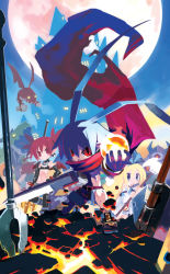 Rule 34 | 1boy, 2girls, bat wings, blonde hair, blue eyes, boots, castle, choker, crack, disgaea, elbow gloves, etna (disgaea), flat chest, flonne, full moon, gloves, hand on own hip, harada takehito, laharl, long hair, looking at viewer, lava, monster, moon, multiple girls, nippon ichi, orb, outstretched hand, red eyes, red hair, scarf, shorts, sky, slit pupils, smirk, staff, sword, topless, twintails, very long hair, weapon, wings