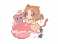Rule 34 | 1girl, animal ears, blush, boots, brown eyes, brown footwear, brown hair, cat ears, cat girl, cat tail, chibi, closed mouth, creatures (company), dress, espurr, food, game freak, gen 6 pokemon, leg up, long hair, macaron, nintendo, pokemon, pokemon (creature), pokemon xy, serena (pokemon), short dress, tail, tyou08665851, white background, yellow dress
