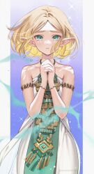 Rule 34 | 1girl, armlet, bare shoulders, blonde hair, blush, bracelet, crying, crying with eyes open, dress, forehead, green eyes, highres, interlocked fingers, jewelry, looking at viewer, nintendo, own hands clasped, own hands together, parted bangs, parted lips, pointy ears, princess zelda, short hair, shuri (84k), sleeveless, sleeveless dress, solo, tears, the legend of zelda, the legend of zelda: breath of the wild, the legend of zelda: tears of the kingdom, thick eyebrows, twitter username, white dress
