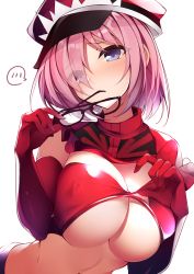 Rule 34 | 1girl, absurdres, bare shoulders, bikini, bikini top only, blush, breasts, cleavage, closed mouth, cosplay, elbow gloves, fate/grand order, fate (series), glasses, gloves, hair over one eye, hat, highres, holding, holding removed eyewear, large breasts, looking at viewer, mash kyrielight, medb (alluring chief warden look) (fate), medb (fate), medb (fate) (cosplay), netarou, peaked cap, pink hair, purple eyes, red bikini, red gloves, red hat, short hair, simple background, solo, swimsuit, unworn eyewear, white background