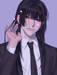 Rule 34 | 1boy, black hair, black jacket, closed mouth, collared shirt, eyeshadow, gyuing666, heart, highres, jacket, long hair, makeup, male focus, necktie, open clothes, open jacket, original, pink eyeshadow, purple background, shirt, simple background, solo, upper body, white shirt