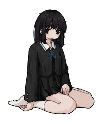 Rule 34 | 1girl, absurdres, arm at side, black dress, black eyes, black hair, black jacket, blue ribbon, breast pocket, buttoned cuffs, buttons, collared shirt, dress, feet, full body, hand on lap, highres, jacket, long bangs, long hair, looking at viewer, neck ribbon, no shoes, open clothes, open jacket, open mouth, original, pinafore dress, pleated dress, pocket, ribbon, shirt, short dress, sidelocks, simple background, sitting, sleeveless, sleeveless dress, socks, solo, straight hair, surgeon cuffs, uniunimikan, wariza, white background, white socks