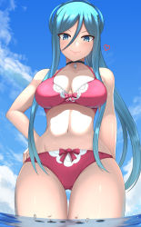 Rule 34 | 1girl, absurdres, aoki hagane no arpeggio, bikini, blue eyes, blue hair, blue sky, blush, breasts, female focus, giant, giantess, gluteal fold, hair between eyes, hand on own hip, highres, lien, long hair, looking down, medium breasts, mole, mole under mouth, navel, ocean, outdoors, ponytail, red bikini, shiny skin, ship, sidelocks, size difference, sky, smile, solo, standing, swimsuit, takao (aoki hagane no arpeggio), thigh gap, very long hair, watercraft