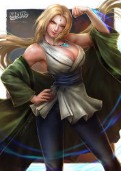 Rule 34 | 1girl, bare shoulders, blonde hair, breasts, cleavage, facial mark, flexing, forehead mark, highres, japanese clothes, large breasts, long hair, naruto, naruto (series), realistic, sash, smile, solo, spiderwee, tsunade (naruto), yellow eyes