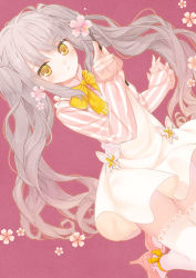 Rule 34 | 1girl, amamiya chiharu, blush, bow, bowtie, commentary request, dress, dutch angle, flower, grey hair, high heels, holding, holding paintbrush, long hair, long sleeves, looking at viewer, original, paintbrush, parted lips, pink flower, pink footwear, pink shirt, purple background, shirt, sidelocks, simple background, sleeveless, sleeveless dress, sleeves past wrists, solo, striped clothes, striped shirt, thighhighs, twintails, vertical-striped clothes, vertical-striped shirt, very long hair, white dress, white thighhighs, yellow bow, yellow bowtie, yellow eyes