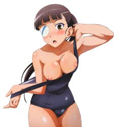 Rule 34 | 00s, 1girl, :o, absurdres, armpits, black hair, blunt bangs, blush, breasts, cleavage, clothes pull, embarrassed, eyepatch, glasses, highres, large breasts, long hair, megami magazine, nipple slip, nipples, non-web source, nude, nude filter, one-piece swimsuit, one-piece swimsuit pull, onoda masahito, panties, ponytail, sakamoto mio, school swimsuit, shiny clothes, solo, standing, strike witches, surprised, swimsuit, third-party edit, transparent background, underwear, undressing, world witches series, yellow eyes
