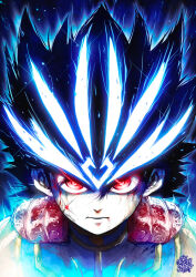 Rule 34 | 1boy, armor, aura, black hair, blood, blood on face, blue hair, commentary, dai (dragon quest), dragon quest, dragon quest dai no daibouken, english commentary, glowing, glowing eyes, glowing hair, highres, male focus, portrait, red eyes, serious, shoulder armor, signature, solo, the golden smurf