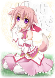 Rule 34 | 10s, 1girl, ahoge, animal ears, bad id, bad pixiv id, blush, copyright name, dog days, dog ears, dog girl, dog tail, flipper, gloves, looking at viewer, millhiore f. biscotti, pantyhose, pink hair, purple eyes, short hair, smile, solo, tail, tail wagging, white gloves