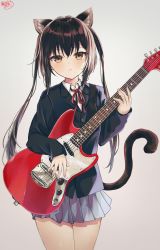 Rule 34 | 1girl, akino ell, animal ear fluff, animal ears, black hair, black jacket, blush, brown eyes, cat ears, cat girl, cat tail, collared shirt, commentary request, cowboy shot, electric guitar, expressionless, fender mustang, grey background, guitar, highres, holding, holding instrument, instrument, jacket, k-on!, long hair, long sleeves, looking at viewer, nakano azusa, neck ribbon, pleated skirt, red ribbon, ribbon, shirt, signature, simple background, skirt, solo, tail, twintails, white shirt