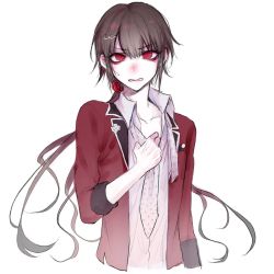 Rule 34 | 1boy, blush, brown hair, clenched butt, collarbone, collared shirt, commentary request, cropped torso, danganronpa (series), danganronpa v3: killing harmony, dress shirt, earrings, genderswap, genderswap (ftm), hair ornament, hair scrunchie, hairclip, harukawa maki, highres, jacket, jewelry, long hair, long sleeves, looking at viewer, male focus, messy hair, mole, mole under eye, nanin, necktie, nose blush, open clothes, open jacket, ponytail, red eyes, red jacket, school uniform, scrunchie, shirt, simple background, sleeves past elbows, solo, upper body, white background, white shirt