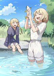 Rule 34 | 2girls, :d, ^ ^, absurdres, animal, blonde hair, blue capelet, blue robe, blue sky, blunt bangs, braid, bush, capelet, closed eyes, cloud, commentary request, dungeon meshi, elf, falin touden, fish, grass, green eyes, hands up, hanten (hantennano), highres, holding, holding animal, holding fish, lake, long hair, looking at another, marcille donato, multiple girls, open mouth, outdoors, pointy ears, robe, shirt, short hair, short sleeves, shorts, sitting, sky, smile, twin braids, wading, white shirt, white shorts