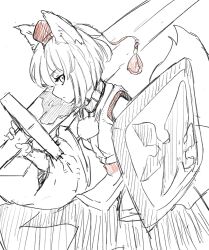 Rule 34 | 1girl, animal ears, bifidus (exkagerou8665), closed mouth, detached sleeves, hat, highres, holding, holding shield, holding sword, holding weapon, inubashiri momiji, looking at viewer, pom pom (clothes), red hat, shield, shirt, simple background, sketch, skirt, solo, sword, tail, tokin hat, touhou, weapon, wolf ears, wolf girl, wolf tail