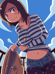 Rule 34 | 1girl, arai, breasts, brown hair, character request, clothes lift, cloud, copyright request, cowboy shot, cutoffs, denim, denim shorts, from below, jewelry, large breasts, medium breasts, navel, outdoors, pantyhose, pantyhose under shorts, pendant, self exposure, shirt, shirt lift, shorts, sky, smile, solo, striped clothes, striped shirt