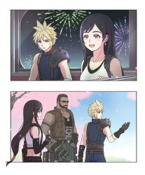 Rule 34 | 1girl, 2boys, absurdres, aerial fireworks, arm cannon, armor, asami yutori, bare shoulders, barret wallace, black gloves, black hair, black skirt, blonde hair, blue eyes, blue sky, blurry, blurry background, breasts, brown vest, cherry blossoms, cloud strife, collarbone, commentary request, crop top, dark-skinned male, dark skin, day, earrings, elbow gloves, facial hair, falling petals, ferris wheel interior, final fantasy, final fantasy vii, final fantasy vii ever crisis, final fantasy vii rebirth, final fantasy vii remake, fireworks, from side, gloves, gondola, hand on own hip, highres, jewelry, large breasts, long hair, looking at another, looking to the side, low-tied long hair, multiple boys, night, night sky, open mouth, petals, red eyes, ribbed sweater, short hair, shoulder armor, single bare shoulder, single earring, skirt, sky, sleeveless, sleeveless turtleneck, smile, sunglasses, suspender skirt, suspenders, sweater, tank top, tifa lockhart, turtleneck, turtleneck sweater, upper body, vest, weapon, white tank top