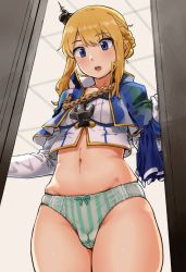 Rule 34 | 1girl, anchor, azur lane, bad id, bad pixiv id, blonde hair, blue eyes, braid, cameltoe, commentary, gesosmith, gessosumisu, gloves, headgear, highres, locker, long sleeves, looking at viewer, midriff, navel, open mouth, panties, renown (azur lane), skirt, solo, striped clothes, striped panties, underwear, unworn skirt, vertical-striped clothes, vertical-striped panties, white gloves